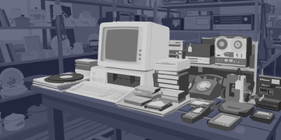 Ein alter Röhrencomputer steht auf einem Tisch, umgeben von Vintage-Elektronik wie Wählscheibentelefon, Tonbandgerät, alten Handys und Plattenspieler in einem Trödelladen.
