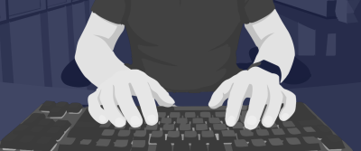 Nahaufnahme der Hände einer Person im dunklen Shirt, die auf einer schwarzen ergonomischen, geteilten Tastatur tippt.