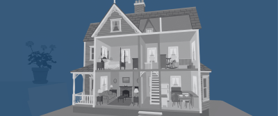 Ein aufgeschnittenes Puppenhaus im viktorianischen Stil zeigt eingerichtete Miniaturzimmer (Schlafzimmer, Wohnzimmer, Küche) über zwei Etagen, auf einem Tisch stehend.