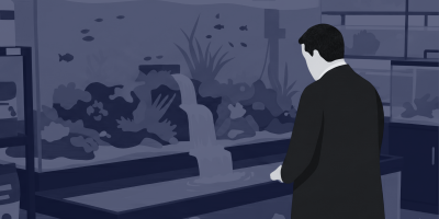 Ein Mann im dunklen Anzug steht von hinten gesehen vor einem großen Aquarium mit Fischen und Wasserpflanzen.