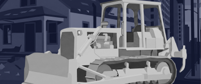 Eine helle Planierraupe (Bulldozer) steht vor Wohnhäusern; im dunkelblauen Hintergrund Stadtgebäude.
