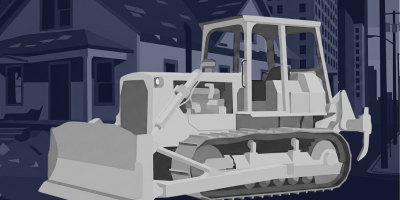 Eine helle Planierraupe (Bulldozer) steht vor Wohnhäusern; im dunkelblauen Hintergrund Stadtgebäude.