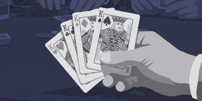 Eine Hand hält vier aufgefächerte Königskarten (Herz, Kreuz, Karo, Pik) über einem Spieltisch mit Chips.